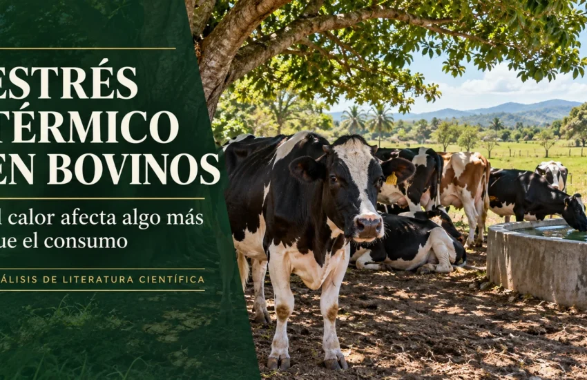 Estrés térmico en bovinos: vacas bajo la sombra de un árbol junto a un bebedero en una finca tropical.