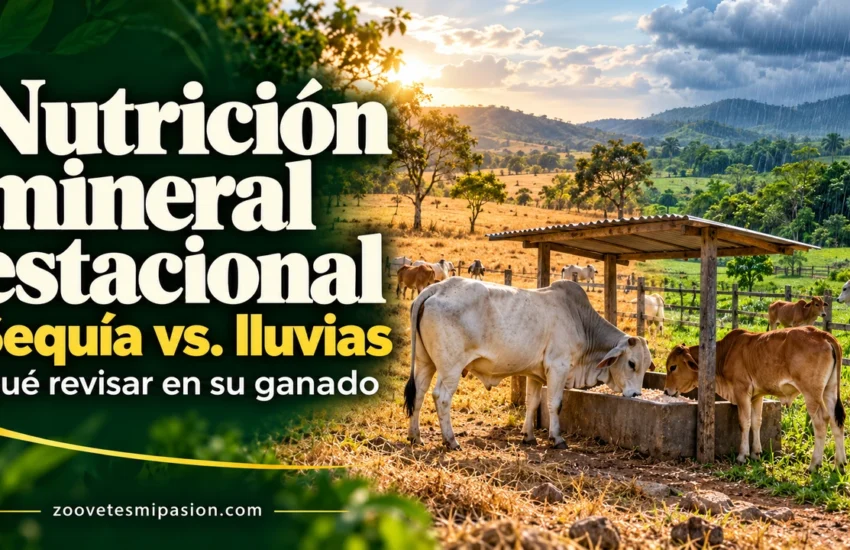 Nutrición mineral estacional: bovinos en un saladero cubierto y contraste entre potreros de sequía y lluvias.