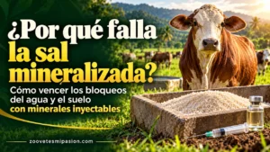 ¿Por qué falla la sal mineralizada? Bovino junto a un saladero, agua y suelo, con un frasco de minerales inyectables.