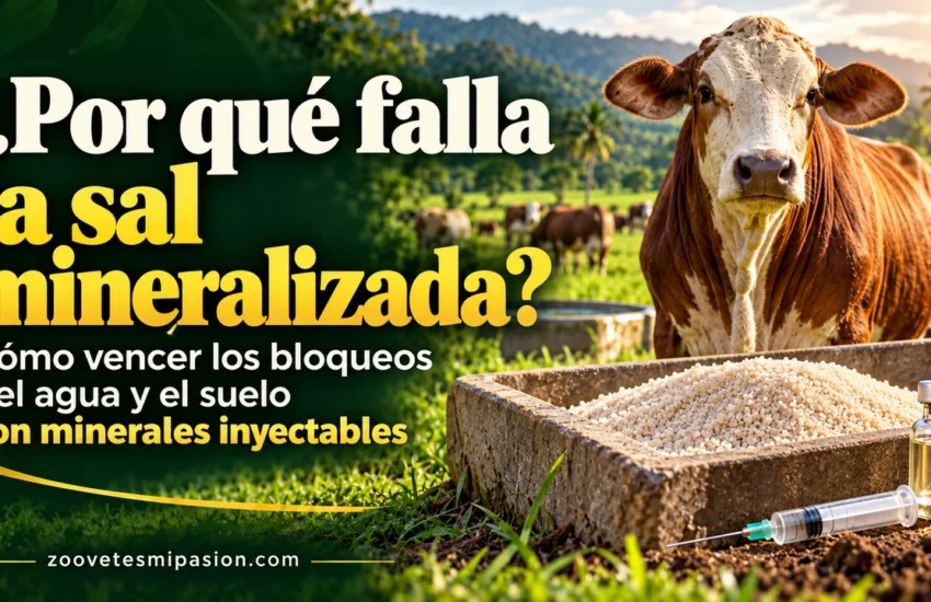 ¿Por qué falla la sal mineralizada? Bovino junto a un saladero, agua y suelo, con un frasco de minerales inyectables.